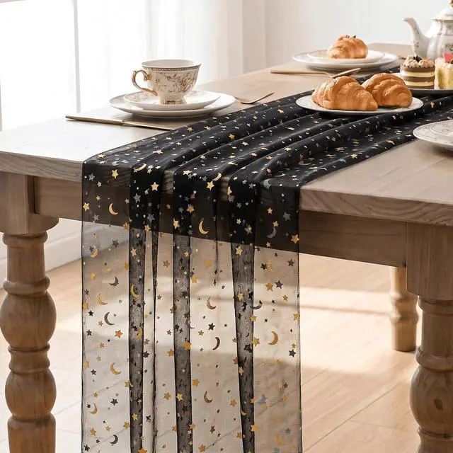 Alt view image 3 of 7 - Artoid Mode Black Gauze Stars Moon Table Runner 10FT, Glitter Metallic Foil Sheer Dining Wedding Anniversary Holiday Birthday Table Decor for Home Party