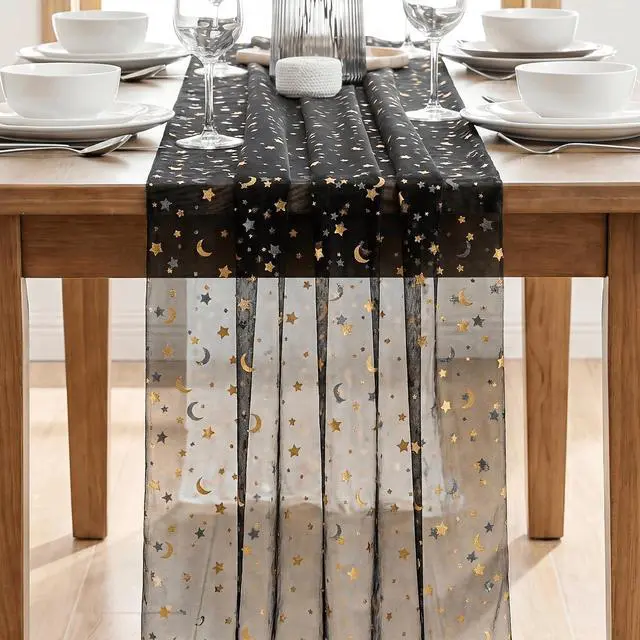 Alt view image 2 of 7 - Artoid Mode Black Gauze Stars Moon Table Runner 10FT, Glitter Metallic Foil Sheer Dining Wedding Anniversary Holiday Birthday Table Decor for Home Party