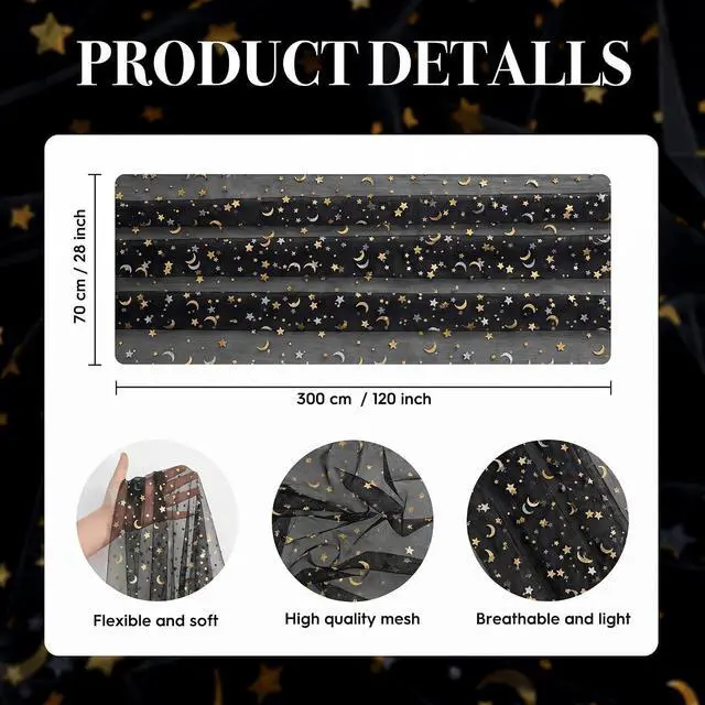 Alt view image 5 of 7 - Artoid Mode Black Gauze Stars Moon Table Runner 10FT, Glitter Metallic Foil Sheer Dining Wedding Anniversary Holiday Birthday Table Decor for Home Party