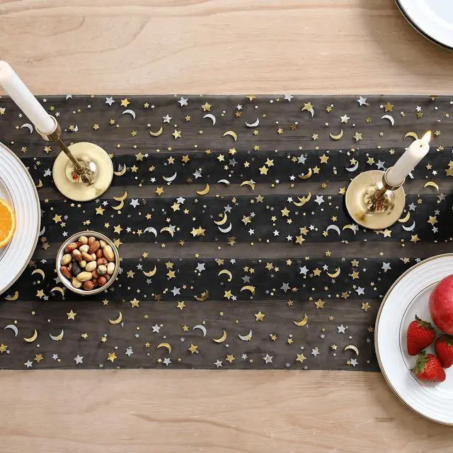 Alt view image 6 of 7 - Artoid Mode Black Gauze Stars Moon Table Runner 10FT, Glitter Metallic Foil Sheer Dining Wedding Anniversary Holiday Birthday Table Decor for Home Party