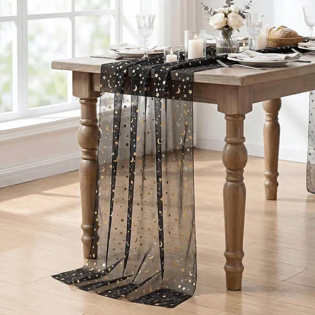Alt view image 7 of 7 - Artoid Mode Black Gauze Stars Moon Table Runner 10FT, Glitter Metallic Foil Sheer Dining Wedding Anniversary Holiday Birthday Table Decor for Home Party