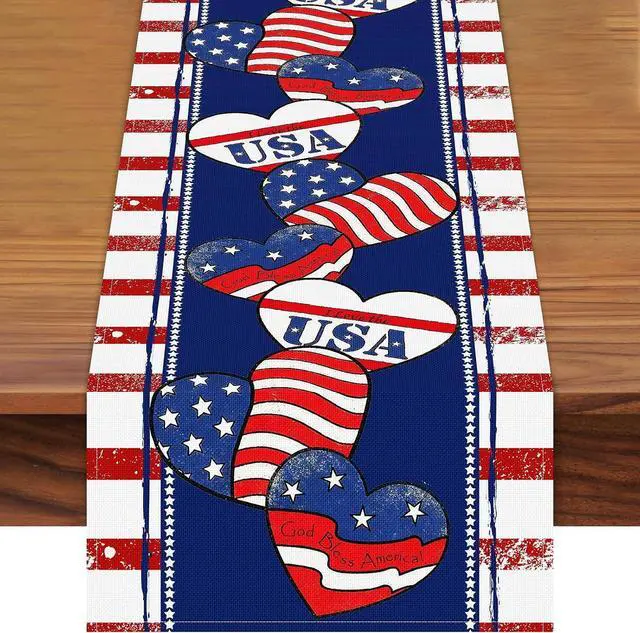 Main image of 72 x 13 Inch 4th of July Table Runner, Red White Blue Patriotic Table Runner with American Flag Hearts Stars and Stripes Design for Independence Day Memorial Day Decorations