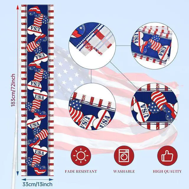 Alt view image 2 of 7 - 72 x 13 Inch 4th of July Table Runner, Red White Blue Patriotic Table Runner with American Flag Hearts Stars and Stripes Design for Independence Day Memorial Day Decorations