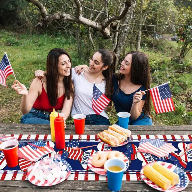 Alt view image 4 of 7 - 72 x 13 Inch 4th of July Table Runner, Red White Blue Patriotic Table Runner with American Flag Hearts Stars and Stripes Design for Independence Day Memorial Day Decorations
