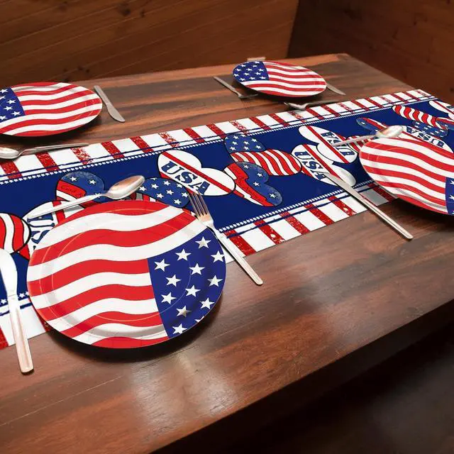 Alt view image 6 of 7 - 72 x 13 Inch 4th of July Table Runner, Red White Blue Patriotic Table Runner with American Flag Hearts Stars and Stripes Design for Independence Day Memorial Day Decorations