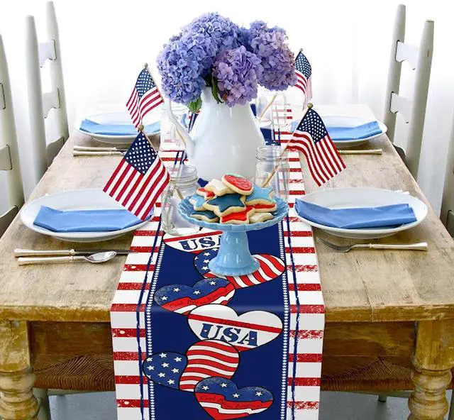Alt view image 5 of 7 - 72 x 13 Inch 4th of July Table Runner, Red White Blue Patriotic Table Runner with American Flag Hearts Stars and Stripes Design for Independence Day Memorial Day Decorations