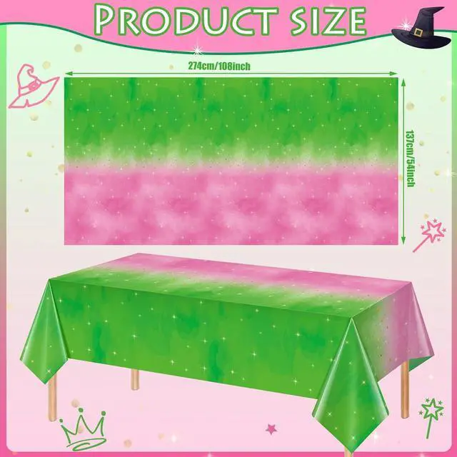 Alt view image 2 of 7 - 1pcs 54x108Inch Witch Party Decorations Tablecloth,Pink and Green Disposable Rectangle Plastic Table Cloth,Witch Theme Table Cover for Kids Baby Shower Wedding Birthday Party Supplies Decors
