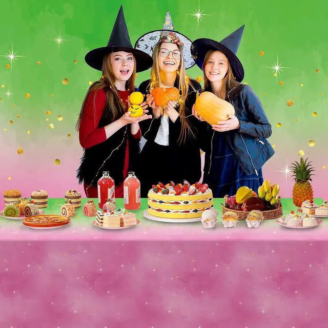 Alt view image 5 of 7 - 1pcs 54x108Inch Witch Party Decorations Tablecloth,Pink and Green Disposable Rectangle Plastic Table Cloth,Witch Theme Table Cover for Kids Baby Shower Wedding Birthday Party Supplies Decors