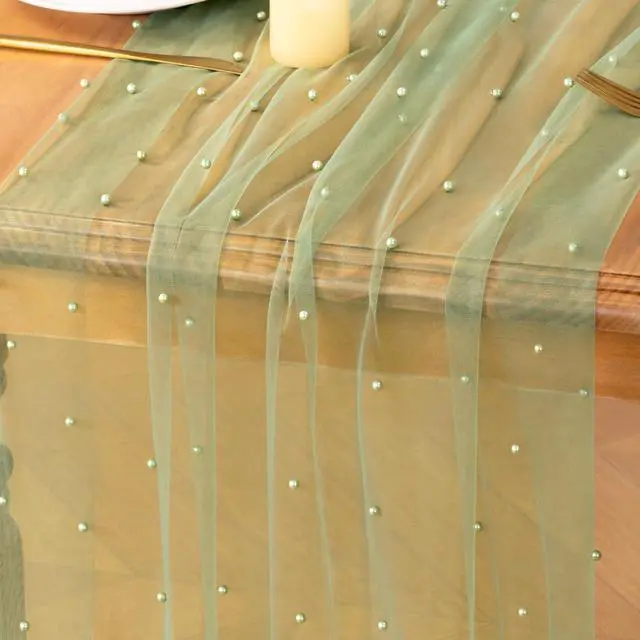 Main image of MLMC Sage Green Pearl Table Runner Sheer Tulle Gauze Table Runner 10Ft | Boho Rustic Beaded Gauze Table Runner Lightweight Cheese Cloth Centerpiece for Wedding Events Home Decoration 29"x120"