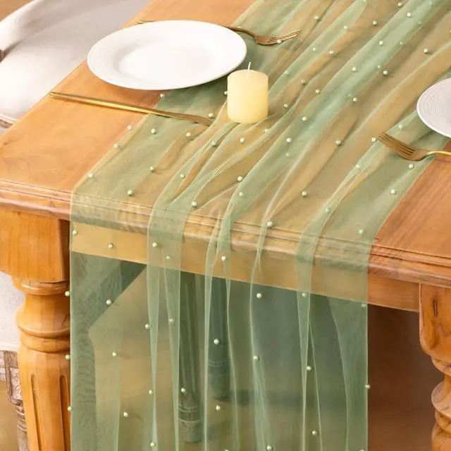 Alt view image 3 of 6 - MLMC Sage Green Pearl Table Runner Sheer Tulle Gauze Table Runner 10Ft | Boho Rustic Beaded Gauze Table Runner Lightweight Cheese Cloth Centerpiece for Wedding Events Home Decoration 29"x120"