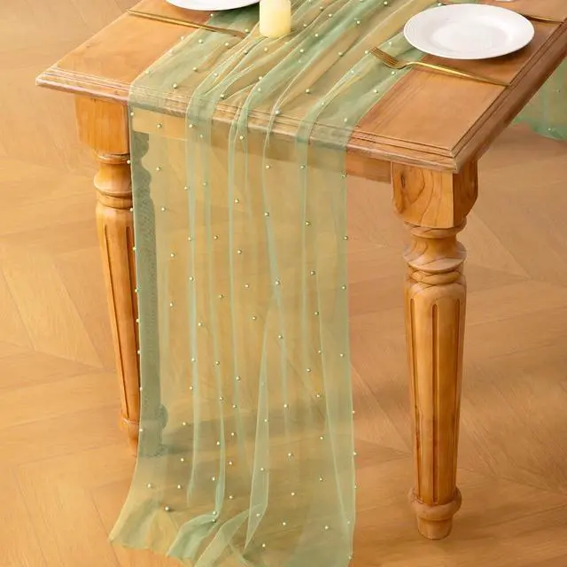 Alt view image 4 of 6 - MLMC Sage Green Pearl Table Runner Sheer Tulle Gauze Table Runner 10Ft | Boho Rustic Beaded Gauze Table Runner Lightweight Cheese Cloth Centerpiece for Wedding Events Home Decoration 29"x120"