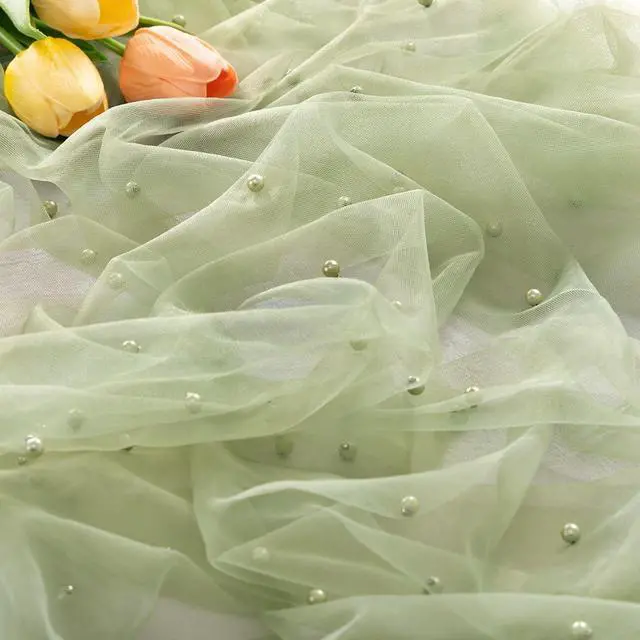 Alt view image 5 of 6 - MLMC Sage Green Pearl Table Runner Sheer Tulle Gauze Table Runner 10Ft | Boho Rustic Beaded Gauze Table Runner Lightweight Cheese Cloth Centerpiece for Wedding Events Home Decoration 29"x120"
