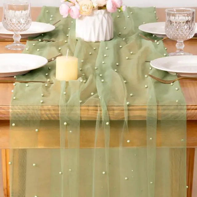 Alt view image 2 of 6 - MLMC Sage Green Pearl Table Runner Sheer Tulle Gauze Table Runner 10Ft | Boho Rustic Beaded Gauze Table Runner Lightweight Cheese Cloth Centerpiece for Wedding Events Home Decoration 29"x120"