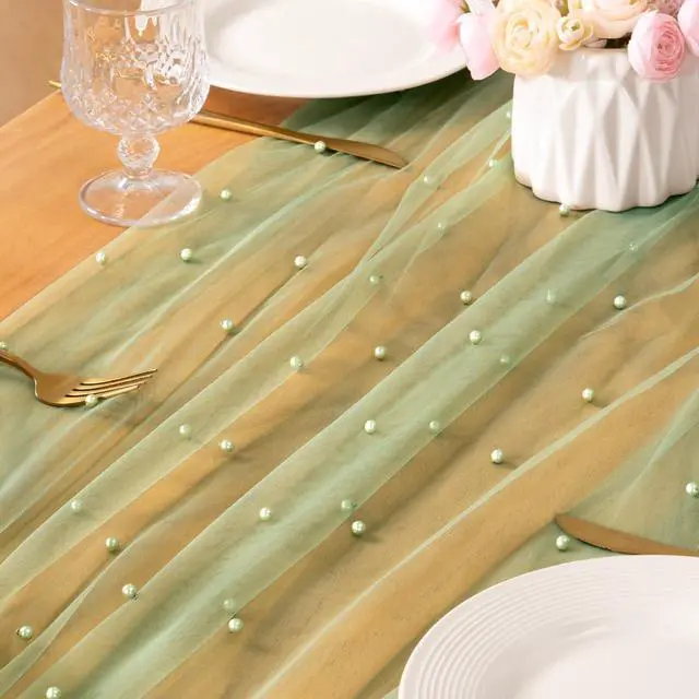 Alt view image 6 of 6 - MLMC Sage Green Pearl Table Runner Sheer Tulle Gauze Table Runner 10Ft | Boho Rustic Beaded Gauze Table Runner Lightweight Cheese Cloth Centerpiece for Wedding Events Home Decoration 29"x120"