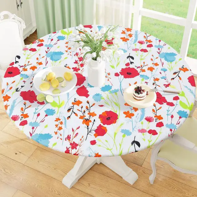 Main image of misaya Round Fitted Tablecloth with Elastic Edge, 100% Waterproof Oil Proof Plastic Table Cover, Vinyl Flannel Backed Tablecloth Fits 36"-44" Round Tables for Dinner, Outdoor, Picnic, Flowers