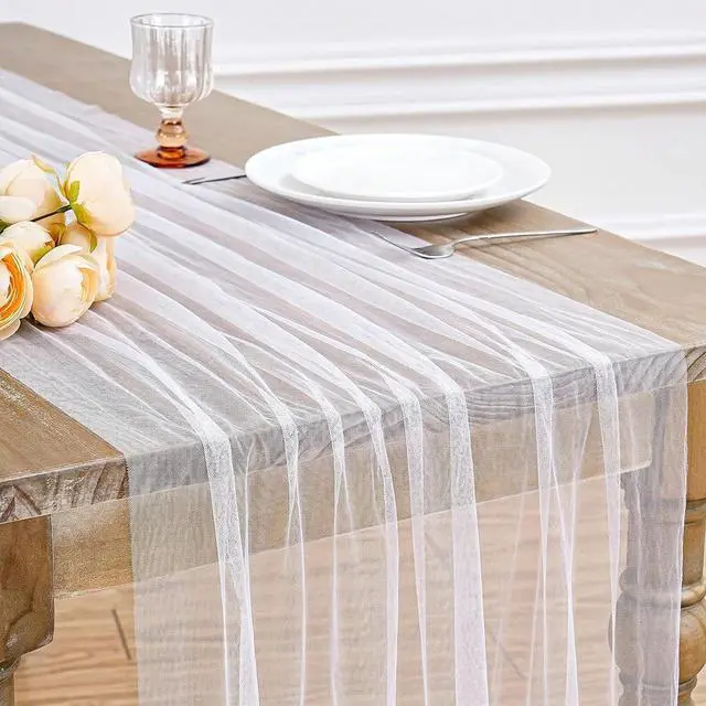 Main image of Gauze Table Runner White 120 Inch 10ft Tulle Fabric Seasonal Sheer Kitchen | Dining Centerpieces Wedding Birthday Holiday Baby Shower Table Decor for Home Party
