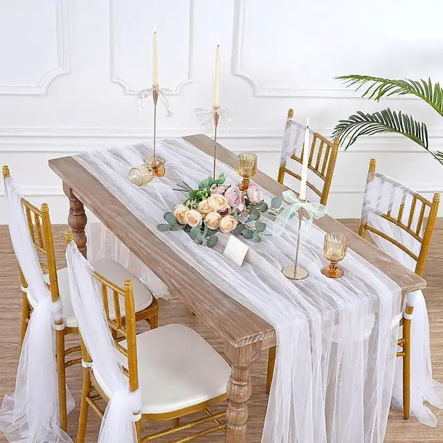 Alt view image 2 of 7 - Gauze Table Runner White 120 Inch 10ft Tulle Fabric Seasonal Sheer Kitchen | Dining Centerpieces Wedding Birthday Holiday Baby Shower Table Decor for Home Party
