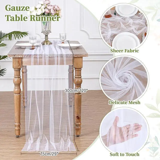 Alt view image 3 of 7 - Gauze Table Runner White 120 Inch 10ft Tulle Fabric Seasonal Sheer Kitchen | Dining Centerpieces Wedding Birthday Holiday Baby Shower Table Decor for Home Party