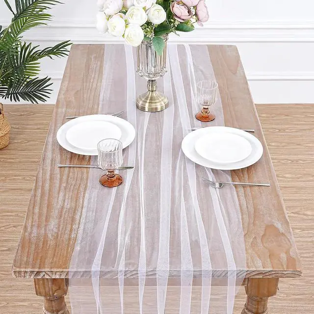 Alt view image 4 of 7 - Gauze Table Runner White 120 Inch 10ft Tulle Fabric Seasonal Sheer Kitchen | Dining Centerpieces Wedding Birthday Holiday Baby Shower Table Decor for Home Party