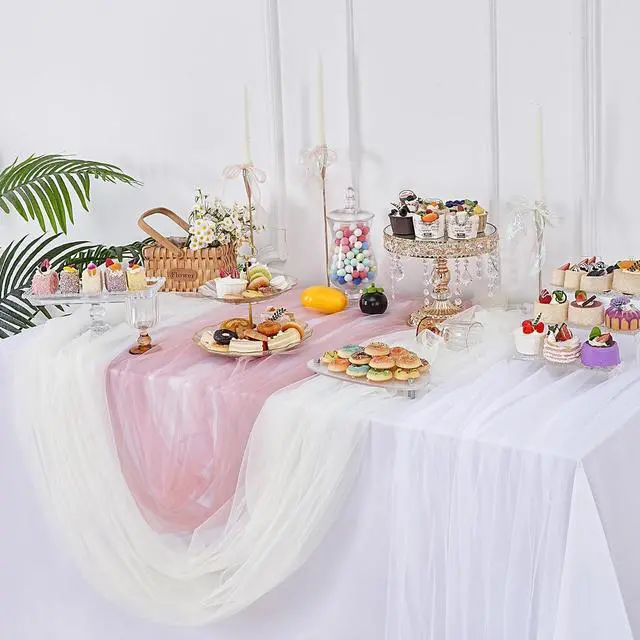 Alt view image 6 of 7 - Gauze Table Runner White 120 Inch 10ft Tulle Fabric Seasonal Sheer Kitchen | Dining Centerpieces Wedding Birthday Holiday Baby Shower Table Decor for Home Party