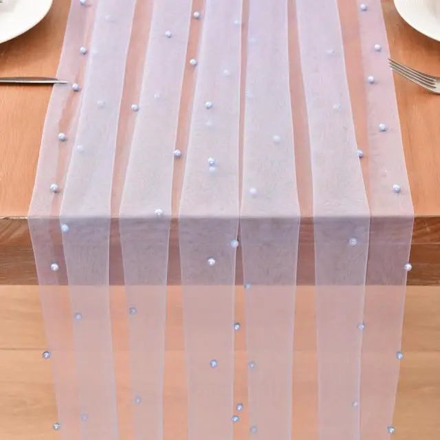 Alt view image 2 of 5 - Blue Pearl Table Runner Tulle Lace Bridal Baby Shower Party Bow Home Decor | 10ft Rustic Summer Sheer Table Runner with Pearls for Wedding Birthday Party Veil Dessert Holiday Table Decoration