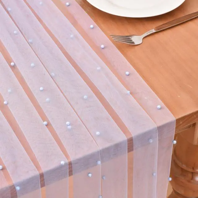 Alt view image 3 of 5 - Blue Pearl Table Runner Tulle Lace Bridal Baby Shower Party Bow Home Decor | 10ft Rustic Summer Sheer Table Runner with Pearls for Wedding Birthday Party Veil Dessert Holiday Table Decoration