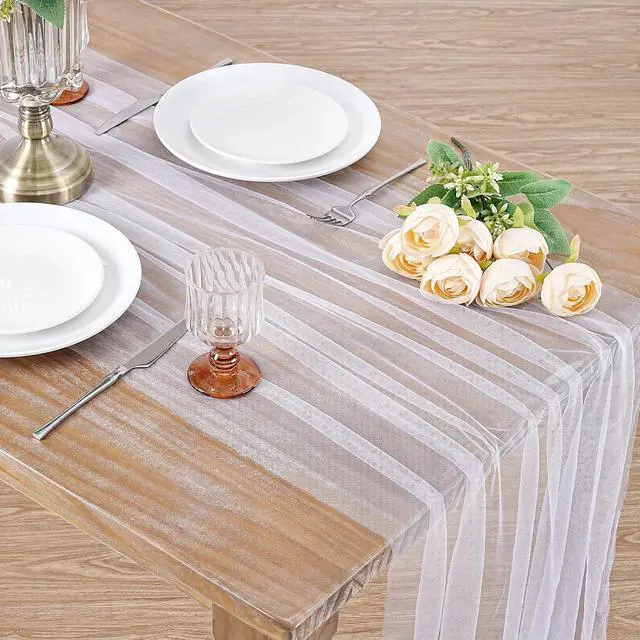 Alt view image 7 of 7 - Gauze Table Runner White 120 Inch 10ft Tulle Fabric Seasonal Sheer Kitchen | Dining Centerpieces Wedding Birthday Holiday Baby Shower Table Decor for Home Party