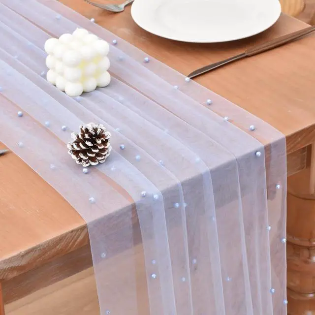 Main image of Blue Pearl Table Runner Tulle Lace Bridal Baby Shower Party Bow Home Decor | 10ft Rustic Summer Sheer Table Runner with Pearls for Wedding Birthday Party Veil Dessert Holiday Table Decoration