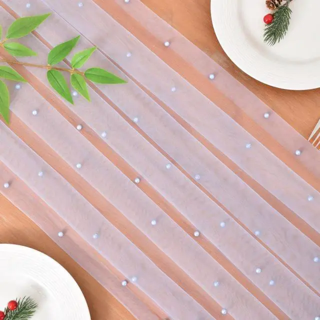 Alt view image 4 of 5 - Blue Pearl Table Runner Tulle Lace Bridal Baby Shower Party Bow Home Decor | 10ft Rustic Summer Sheer Table Runner with Pearls for Wedding Birthday Party Veil Dessert Holiday Table Decoration
