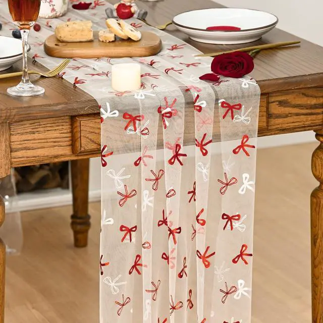 Main image of Artoid Mode Red Bow Gauze Table Runner 120 Inch 10FT,Glitter Metallic Foil Valentines Day Sheer Dining Anniversary Wedding Table Decor for Home Party