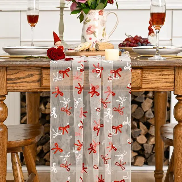 Alt view image 2 of 7 - Artoid Mode Red Bow Gauze Table Runner 120 Inch 10FT,Glitter Metallic Foil Valentines Day Sheer Dining Anniversary Wedding Table Decor for Home Party