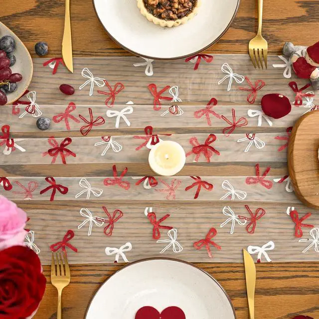 Alt view image 3 of 7 - Artoid Mode Red Bow Gauze Table Runner 120 Inch 10FT,Glitter Metallic Foil Valentines Day Sheer Dining Anniversary Wedding Table Decor for Home Party