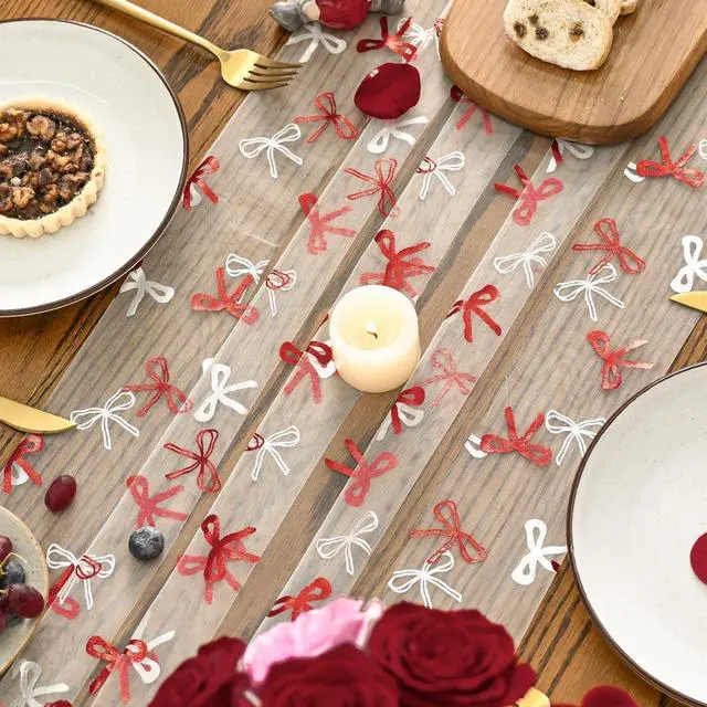 Alt view image 4 of 7 - Artoid Mode Red Bow Gauze Table Runner 120 Inch 10FT,Glitter Metallic Foil Valentines Day Sheer Dining Anniversary Wedding Table Decor for Home Party