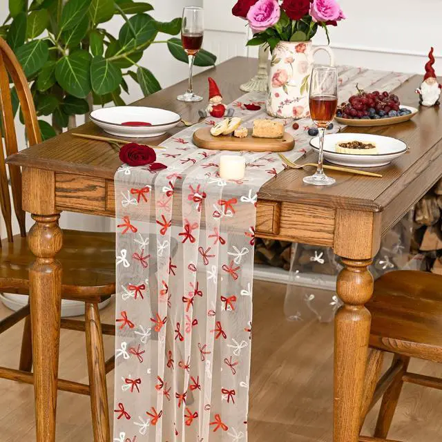 Alt view image 5 of 7 - Artoid Mode Red Bow Gauze Table Runner 120 Inch 10FT,Glitter Metallic Foil Valentines Day Sheer Dining Anniversary Wedding Table Decor for Home Party