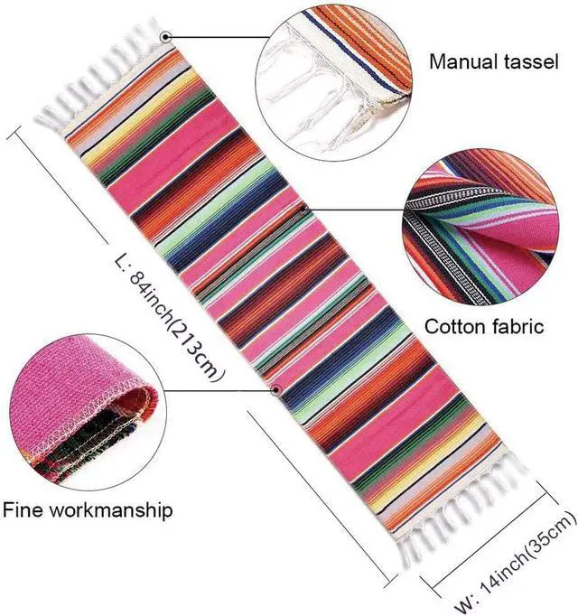 Alt view image 3 of 7 - Fowecelt Mexican Serape Table Runner 14 x 84 Inch for Mexican Party Wedding Decorations Outdoor Picnics Dining Table Cotton Table Runners for Fringe