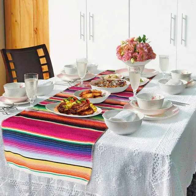 Alt view image 4 of 7 - Fowecelt Mexican Serape Table Runner 14 x 84 Inch for Mexican Party Wedding Decorations Outdoor Picnics Dining Table Cotton Table Runners for Fringe