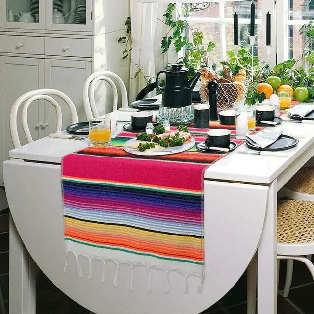Alt view image 5 of 7 - Fowecelt Mexican Serape Table Runner 14 x 84 Inch for Mexican Party Wedding Decorations Outdoor Picnics Dining Table Cotton Table Runners for Fringe