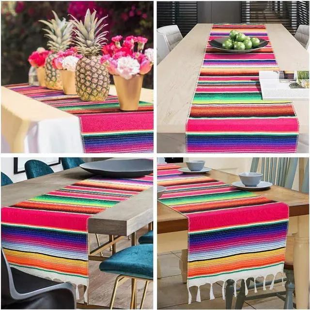 Alt view image 7 of 7 - Fowecelt Mexican Serape Table Runner 14 x 84 Inch for Mexican Party Wedding Decorations Outdoor Picnics Dining Table Cotton Table Runners for Fringe