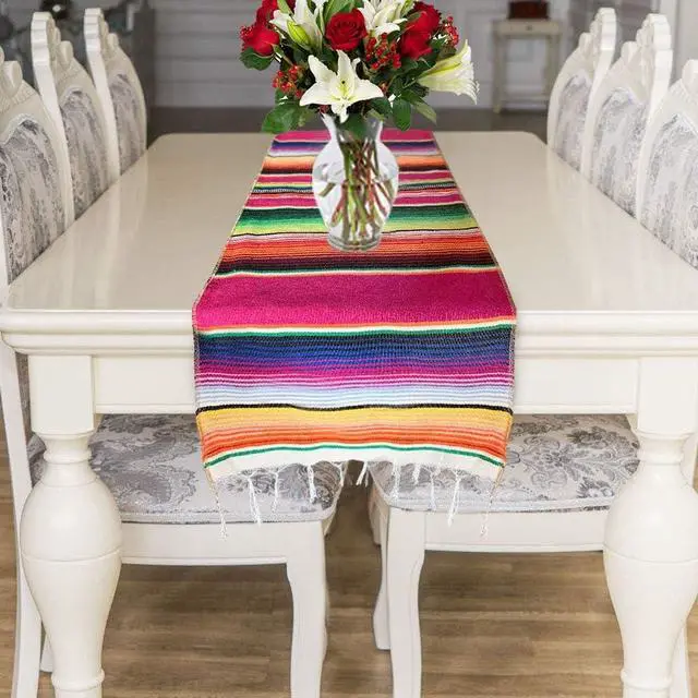 Alt view image 6 of 7 - Fowecelt Mexican Serape Table Runner 14 x 84 Inch for Mexican Party Wedding Decorations Outdoor Picnics Dining Table Cotton Table Runners for Fringe