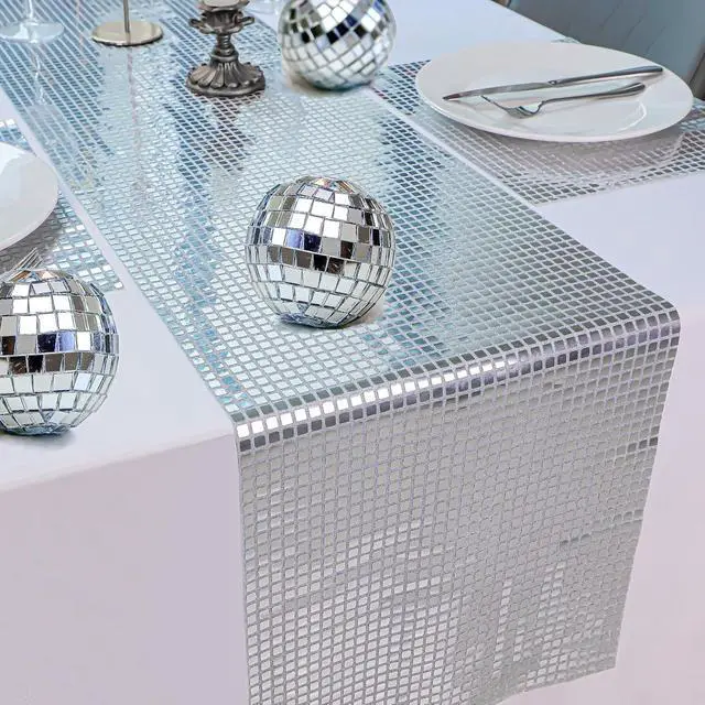 Alt view image 7 of 7 - Snowkingdom 13 x 72 Inches Glitter Disco Party Table Runner Mirror Silver Runner Retro 70s 80s Theme Disco Ball Table Decorations Birthday Bachelorette Dance Party Supplies