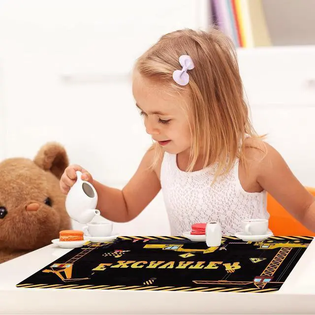 Alt view image 6 of 7 - Construction Placemats Set of 6 Toddler Plastic Table Mats Dump Truck Place Mats Washable Vinyl Nursery Homeschool Table Decoration for Indoor Outdoor Party Kitchen Dining