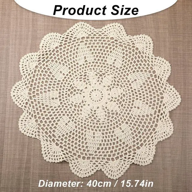 Alt view image 2 of 7 - Beige Crochet Dollies for Tables 2 Pcs 15.7 Inch Round Large Table Doilies Vintage Lace Knitted Placemats Handmade Cotton Tablecloth for Home, Dining, Coffee Table, Wedding Party Decoration