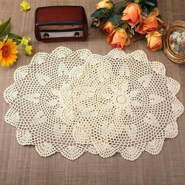 Main image of Beige Crochet Dollies for Tables 2 Pcs 15.7 Inch Round Large Table Doilies Vintage Lace Knitted Placemats Handmade Cotton Tablecloth for Home, Dining, Coffee Table, Wedding Party Decoration