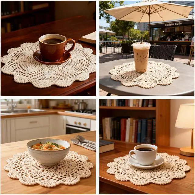 Alt view image 4 of 7 - Beige Crochet Dollies for Tables 2 Pcs 15.7 Inch Round Large Table Doilies Vintage Lace Knitted Placemats Handmade Cotton Tablecloth for Home, Dining, Coffee Table, Wedding Party Decoration
