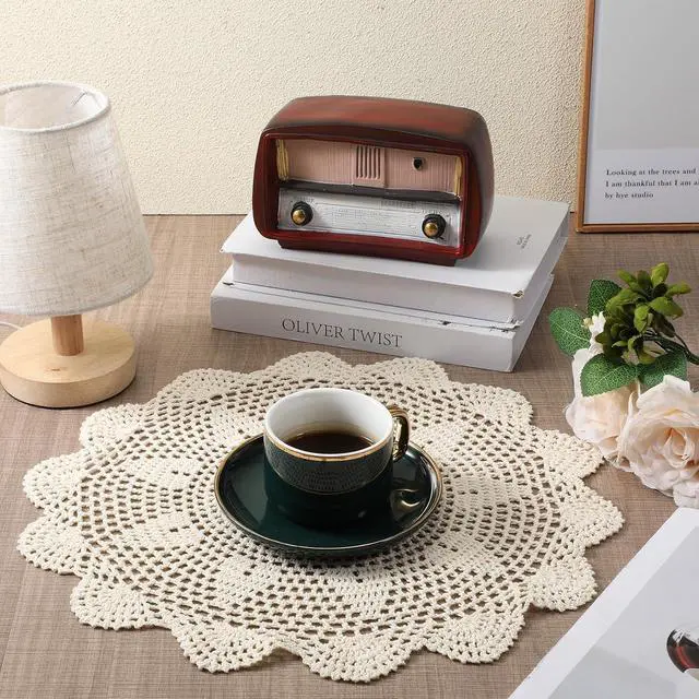 Alt view image 6 of 7 - Beige Crochet Dollies for Tables 2 Pcs 15.7 Inch Round Large Table Doilies Vintage Lace Knitted Placemats Handmade Cotton Tablecloth for Home, Dining, Coffee Table, Wedding Party Decoration