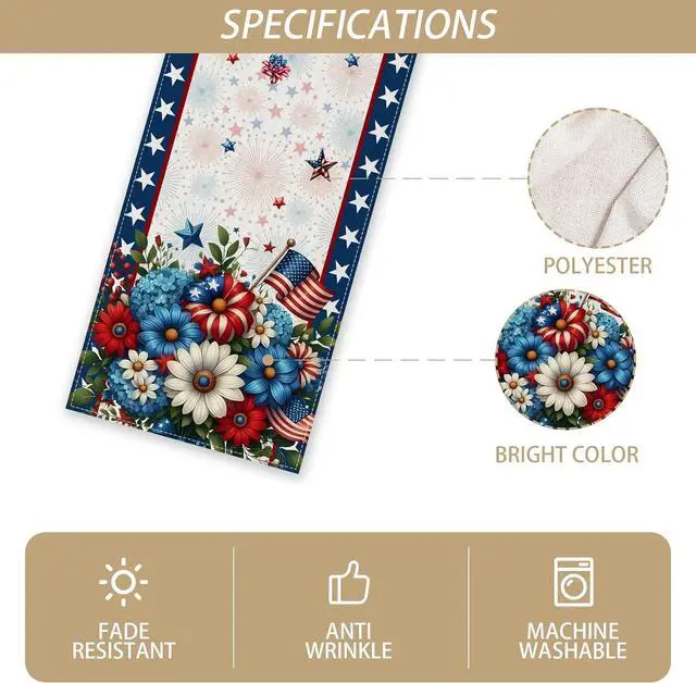 Alt view image 2 of 7 - Memorial Day Patriotic 4th of July Table Runner,Red White and Blue Flowers Table Decor Veterans Day Independence Day Decorations and Supplies for Home Kitchen Table-13×72''