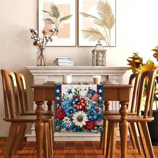 Alt view image 4 of 7 - Memorial Day Patriotic 4th of July Table Runner,Red White and Blue Flowers Table Decor Veterans Day Independence Day Decorations and Supplies for Home Kitchen Table-13×72''
