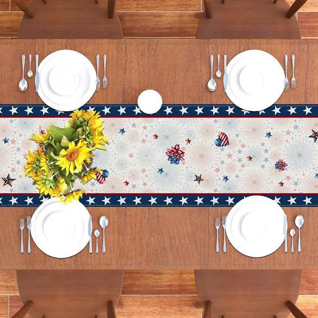 Alt view image 6 of 7 - Memorial Day Patriotic 4th of July Table Runner,Red White and Blue Flowers Table Decor Veterans Day Independence Day Decorations and Supplies for Home Kitchen Table-13×72''