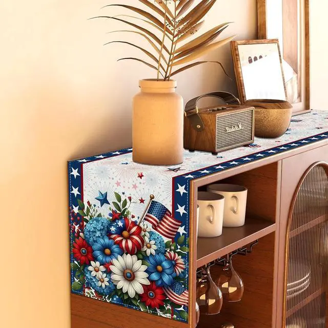 Alt view image 3 of 7 - Memorial Day Patriotic 4th of July Table Runner,Red White and Blue Flowers Table Decor Veterans Day Independence Day Decorations and Supplies for Home Kitchen Table-13×72''