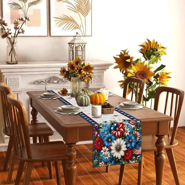 Alt view image 5 of 7 - Memorial Day Patriotic 4th of July Table Runner,Red White and Blue Flowers Table Decor Veterans Day Independence Day Decorations and Supplies for Home Kitchen Table-13×72''